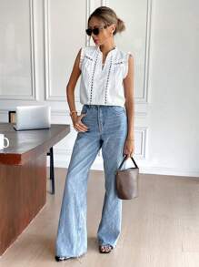 SHEIN Frenchy Blusa francesa de mujer con cuello con muesca, textura a rayas y volantes, para verano, blanca, informal, para boda - Beis - Ver 4