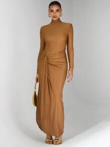 Glamine Hoher Kragen, Langarm, seitlich plissierte Volants am Vorderteil, Rüschen am Rücken, Reißverschluss hinten, schlanke Maxikleid aus Strick für alle Jahreszeiten, sexy elegante Abendkleider für besondere Anlässe, gestrickte Kleider, elegante Damenkleider