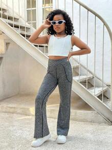 SHEIN Quần ống loe eo chữ thập ôm vừa vặn thoải mái cho bé gái tuổi mới lớn - Màu xám đen - Xem 3