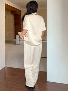 DAZY Simple Striped Jacquard Satin Contrast Color Decoration Short Sleeve Women Pajama Set - White - View 2