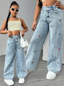 SHEIN Sparklyn Tween Girl Casual Jeans With Front Buttons, Pockets & Floral Embroidery - Medium Wash - View 1