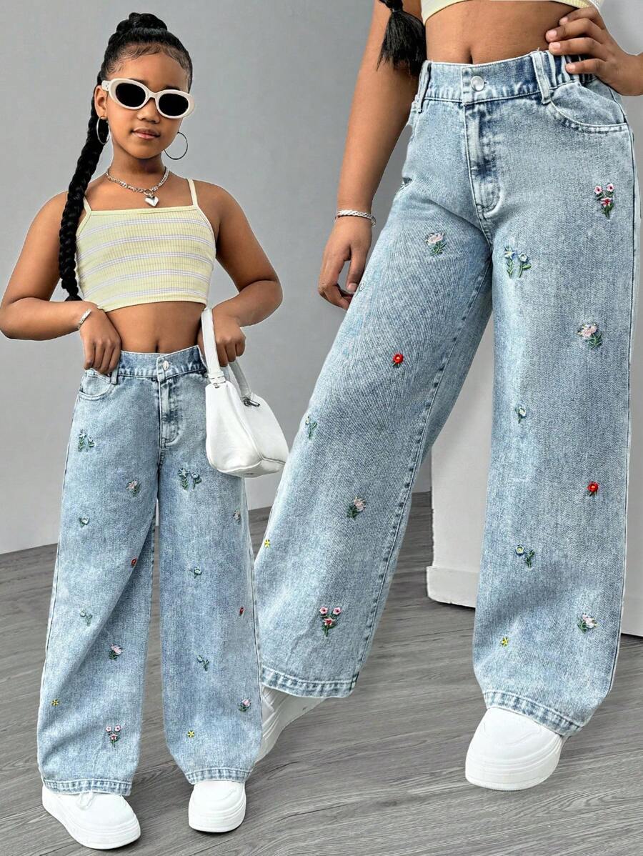 SHEIN Sparklyn Tween Girl Casual Jeans With Front Buttons, Pockets & Floral Embroidery - Medium Wash - View 1