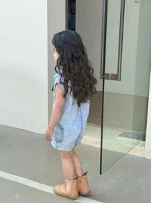 Bộ đồ liền quần jean ngắn hàng ngày cho bé gái ngoài trời nhẹ nhàng, vừa vặn thoải mái và cài nút phía trước, túi phẳng ở phía trước và đường may bên hông, vải thoải mái, cổ điển và thời trang - Rửa nhẹ - Xem 2