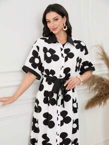 Lacomfia Women's Woven Printed Contrast-Color Button Waist Long Sleeve Dress - Black - View 4