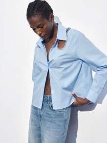 Maija 春夏新款情人节蓝色闪钻镂空现代都市优雅衬衫华丽性感日常休闲浪漫都市度假适合外出聚会婚礼宾客老钱风音乐节90年代女装老钱波西米亚风 - 藍色 - 查看 2