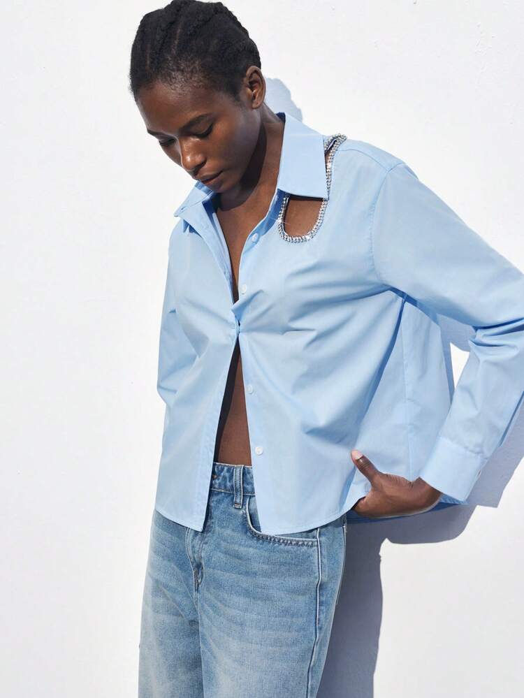 SHEIN Maija Spring New Style Valentine's Day Blue Sparkling Diamond Hollow Modern Urban Elegant Shirt, Gorgeous Sexy Daily Casual Romantic Urban Vacation Suitable For Outing Parties Wedding Guests Old Money Style Music Festival 90s Old Money Bohemian,Autumn, Christmas Elegant Women's Blouses Casual Blouse For Women Formal Attire For Women Office Wear Women Business