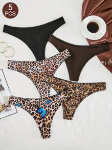 5 Pieces Set Of Women's Low Waist Solid Color Sexy Leopard Print Butterfly Print Thong