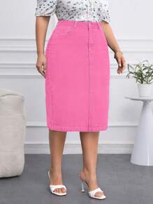 SHEIN Privé Plus Size Women's Straight Stretch Denim Skirt