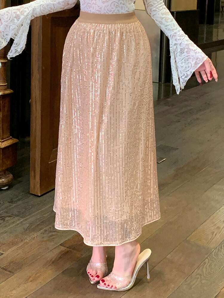 Women's Fashion Sparkly Sequin Long Skirt For Party Prom Skirt Luxury New Years Women Carnival