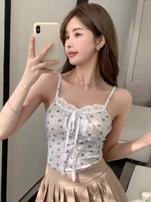 Women's Lace Panel Spaghetti Strap Minimalist Casual Top, Everyday Wear Floral Tank Tops,Boho Tops - White - View 8