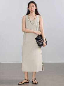 DAZY Casual Loose Straight High-Slit Button Decorative Mid-Length Dress Old Money Style Summer - Beige - View 3