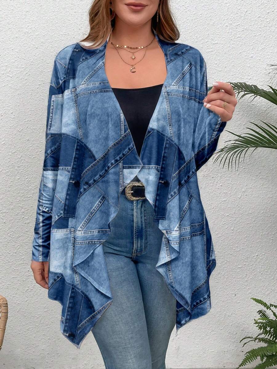 EMERY ROSE Áo khoác denim họa tiết thường ngày cỡ lớn cho nữ, phù hợp cho mùa hè - Nhiều màu - Xem 1