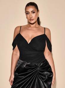 SHEIN BAE Plus Size Women's Black Elegant Draped Open Shoulder Bodysuit, Sexy & Suitable For Daily Wear, Outing, Date, Afternoon Tea, Vacation, Spring/Summer - Black - View 2