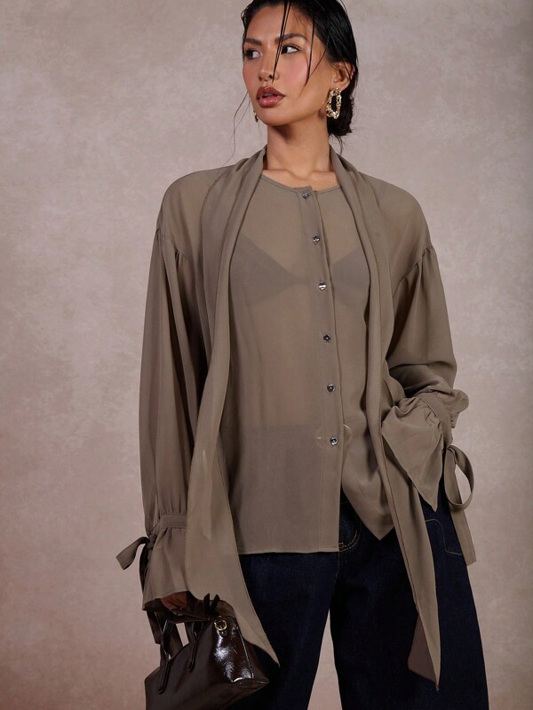 COSMINA Women's Casual Commuter Solid Sheer Blouse