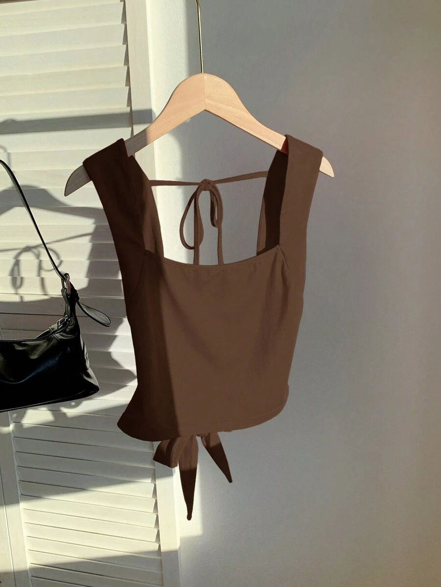 Comfortcana Coffee Brown Knit Backless Tie-Up Cami Top - Coffee Brown - View 1