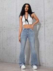 SHEIN Frenchy 女式口袋喇叭休闲百搭牛仔裤 - 中等水洗藍 - 查看 3