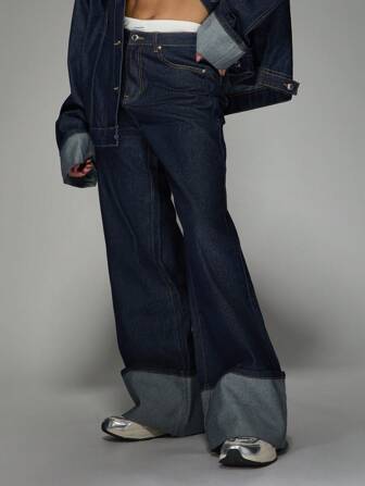 MISSGUIDED Pantalones vaqueros de diseñador de pierna ancha con dobladillo, ajuste relajado de cintura alta, color índigo crudo, con dobladillo vuelto, estilo de moda callejera Y2K Casual