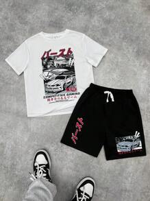 Set de 2 piezas de camiseta de manga corta holgada de cuello redondo y shorts de punto con estampado de coches, para niños preajolescentes, de uso versátil y cómodo, para vacaciones