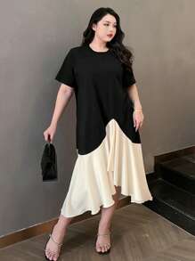 Dazy Petite Plus 加大码圆领宽松拼色中长连衣裙，黑色，春夏太阳裙，休闲女装 - 黑色 - 查看 4