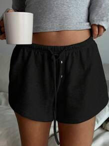 SHEIN EZwear Shorts de punto de unicolor con nudo delantero, uso casual diario para mujer