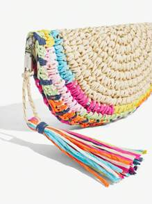 SHEIN SXY Ladies, Women Clutchs, Straw Bag, Colorful Tassels, Fashionable, Elegant, Simple, Personalized, Versatile, For Beach, Vacation, Holiday, Summer, Seaside - Beige - View 7