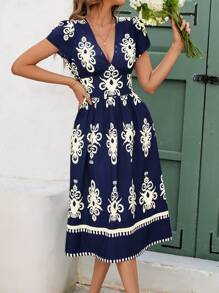 Ellevyn Vacation Outfits Woman,Summer Elegant Women's Short Sleeved Dress With Print V-Neck Cinched Waist And A-Line Back, Suitable For Various Occasions,V-Neck Ruffle Trim Cap Sleeve Drawstring Waist Flounce Hem A-Line Casual Vacation Dress For Women,Boho Dress - Multicolor - View 5