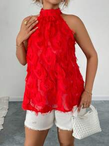 Celure Plus Size Solid Color Stand Collar Sleeveless Fringed Casual Camisole