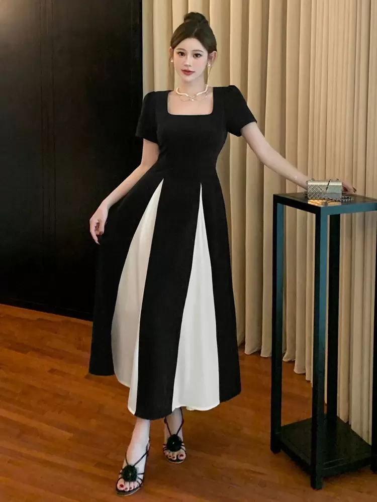 Women Square Neck Short Sleeve Elegant Color Block Mid-Long Dress Summer Elegant Sundress Maxi Dress Cocktail Dress