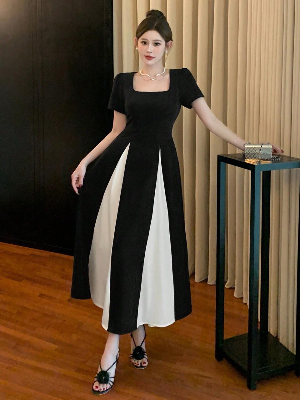 Women Square Neck Short Sleeve Elegant Color Block Mid-Long Dress Summer Elegant Sundress Maxi Dress Cocktail Dress