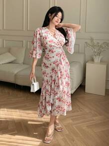 DAZY Women Midi Floral V-Neck Ruffle Hem Dress Prom Dress Elegant Women Dresses - Red - View 5