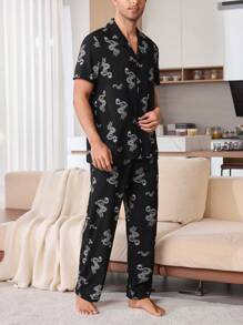 Manfinity Casual Plaid Print Chest Pocket Lapel Collar Top & Pants Men's Pajama Set - Black - View 7