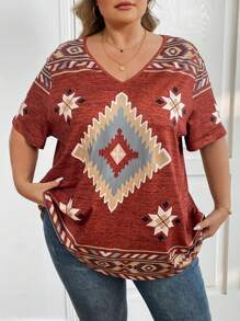 SHEIN CURVE+ T-shirt femme grande taille style bohème vintage imprimé géométrique col en V, style décontracté d'été