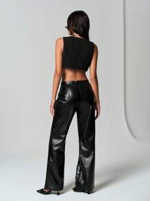 SHEIN Unity Top corto de botones frontal minimalista, versátil - Negro - Ver 2