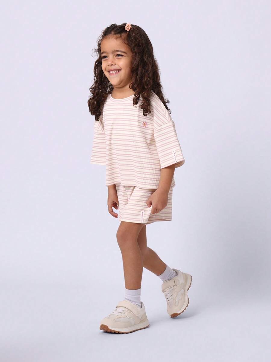 SUMWON Girls Ribbed Stripe Set Short Sleeve Oversized Co-Ord Wear Two Piece Summer Outfit Casual Spring Essential