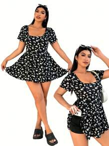 Solflare Plus Size Women's Ditsy Floral Jumpsuits With Built-In Shorts And Pockets, Spring/Summer - Multicolor - View 7