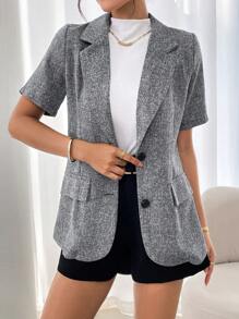 RosyDaze 法式优雅时尚日常休闲百搭宽松短袖翻领 V 领春夏女式西装外套 - 黑色 - 查看 4