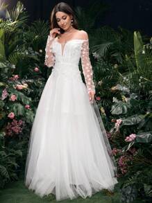 Coutiva Elegant Off Shoulder White Wedding Dress With 3D Floral Decor Wedding Dresses For Bride Bridal Gown Women Wedding Dresses Wedding Women Dresses Wedding Dress Long Sleeve,Reception Dress For Bride White Dress For Women Women Dress Wedding Wedding Dresses Woman Dress - White - View 5