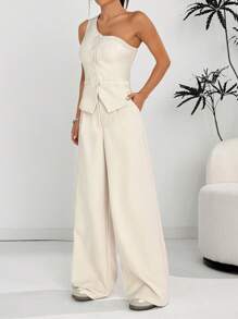 SHEIN EZwear Set de 2 piezas: Chaleco beige de una hilera y pantalón largo - Albaricoque - Ver 3