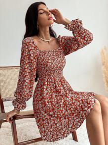 Aveloria Modichic 女士方领长袖全花卉印花休闲短裙 - 橘色 - 查看 4