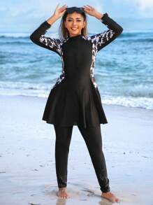 Plus Size Tropical Coconut Tree Print Long Sleeves And Long Pants Burkini Set, For Summer Beach Vacation Arabic Clothing