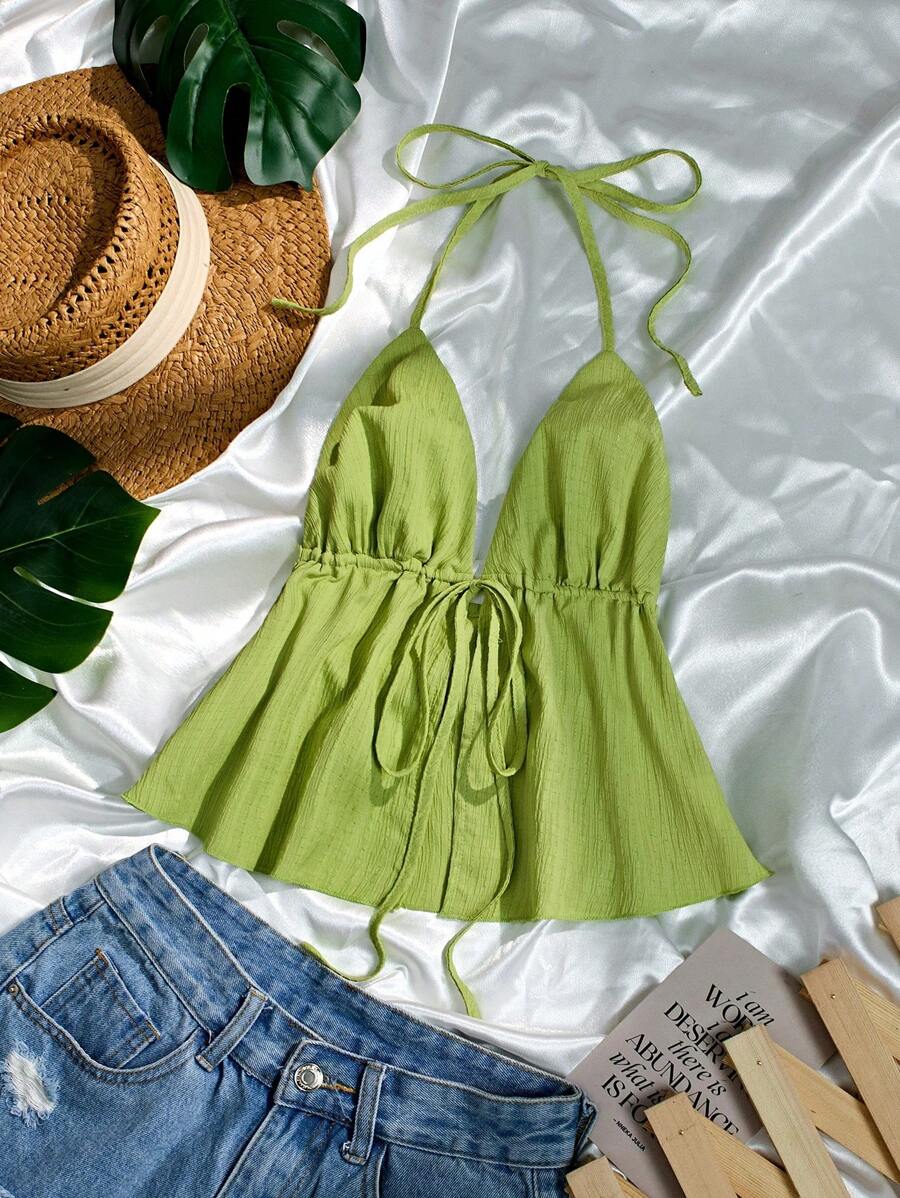 Camiseta de tirantes con cordón de color verde para mujer, para primavera/verano - Verde - Ver 1