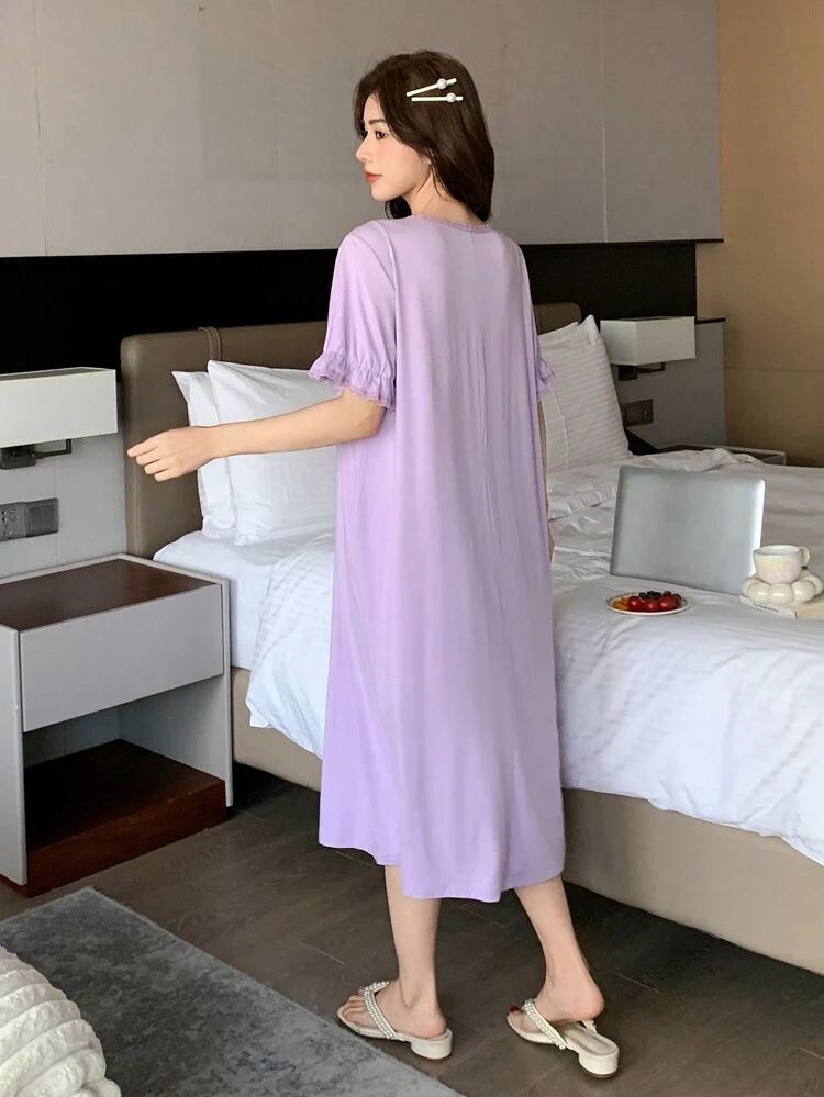 Lace Trim Pleated V-Neck Loose Fit Women's Night Gown Pajama