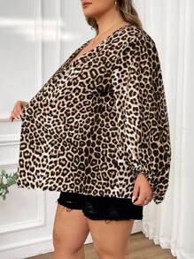 SHEIN CURVE+ 大码女式豹纹 V 领灯笼袖宽松时尚衬衫，秋季 - 彩色 - 查看 8