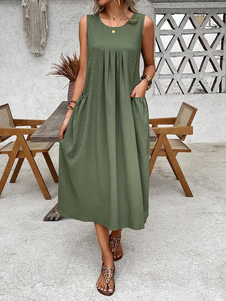 Women Solid Color Round Neck Sleeveless Pocket Midi Dress
