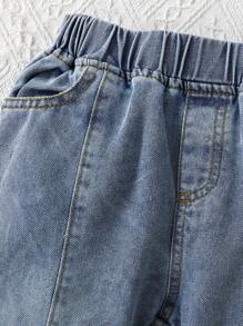 SHEIN Ramadan 2 stuks/set jonge meisjes polo kraag gebreide top met jacquard patroon & blauwe gewassen denim broek