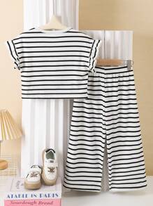 2pcs Girls Casual Round Neck Striped Bunny Print Short Sleeve Top And Wide Leg Striped Pants Set, Spring/Summer