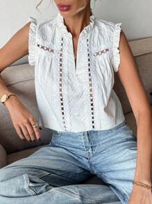 SHEIN Frenchy Blusa francesa de mujer con cuello con muesca, textura a rayas y volantes, para verano, blanca, informal, para boda - Beis - Ver 5