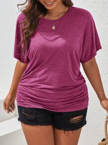 SHEIN Frenchy Plus Size Women Plain Round Neck Bat Sleeve Pleated T-Shirt