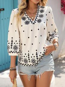 Breezaya Black Base White Printed V-Neck Mid-Length Loose Women Shirt - Apricot - View 1