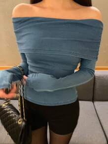 DAZY 女士露肩长袖修身休闲牛仔衬衫 - 藍色 - 查看 6